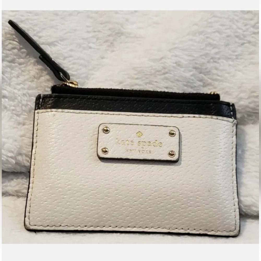 Kate Spade Jeanne Small Zip Leather Card Holder Wallet Ivory/Black  4.5”